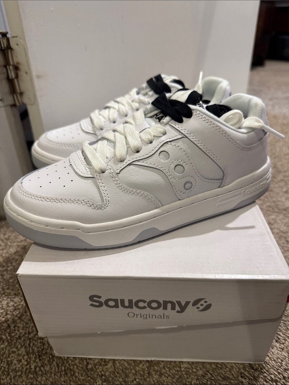 Saucony Spot-Bilt Low White Leather Kids Sneakers with Black Lace Accent